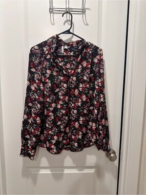 Elle Black Floral Blouse with Pink & Red Blooms